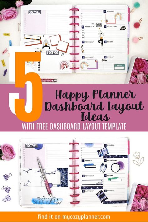 Yay! I have a Dashboard Happy Planner now! And it means, I can decorate it and share Happy Planner dashboard layout ideas with you. Have a look at weekly layouts for a Dashboard Classic planner I have made for this month. Feel free to copy these Happy Planner Dashboard layout ideas for your planner and use the stickers I used. Most of them are free. Check the links below every image to get the stickers for your personal use.