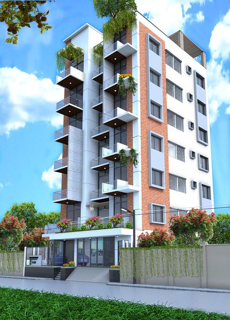 7 Floor Building Elevation, Terrace Building, Apartments Exterior, Building Front, Building Elevation, Residential Building Design, Condo Design, Duplex House, Building Facade