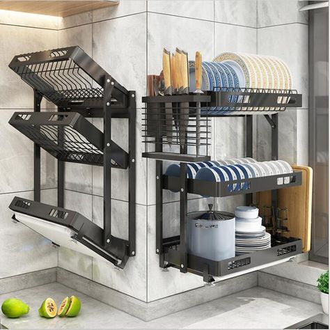 Wall Mounted Dish Rack, Spice Rack Storage, Kitchen Shelves Organization, Dish Drying Rack, Kitchen Plate, Studio Kitchen, Cutlery Holder, Dish Drainers, Kitchen Storage Rack