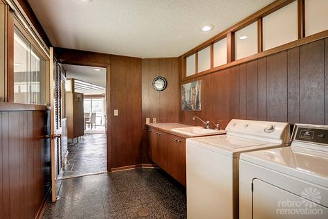 Laundry Room Mid Century, Mid Century Modern Utility Room, Mid Century Basement Remodel, Midcentury Laundry Room Ideas, Mid Century Mud Room Ideas, Mid Century Modern Laundry Room Ideas, Mcm Laundry Room Ideas, Laundry Room Mid Century Modern, 1960s Laundry Room