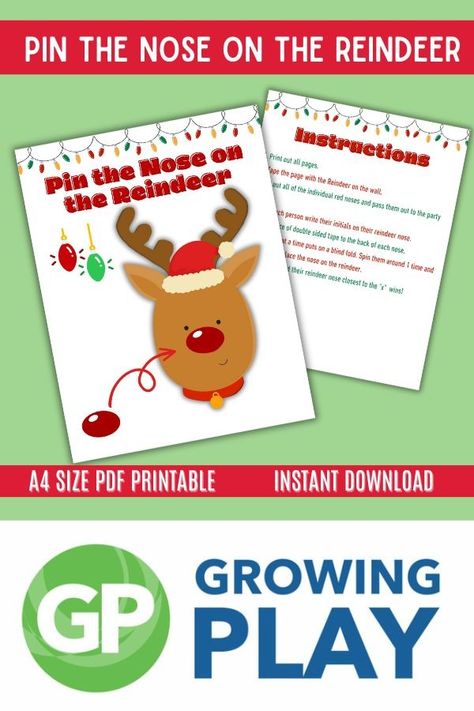 Pin the Nose on Rudolph Game- Free Reindeer Printable - Growing Play Pin The Nose On Rudolph, Reindeer Pet, Reindeer Printable, Holiday Party Activities, Reindeer Noses, Red Pom Poms, Fun Christmas Activities, Printable Christmas Games, Fun Christmas Games