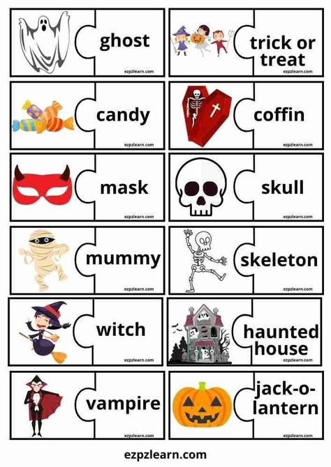 Halloween English Activities, Halloween Vocabulary, Free Printable Puzzles, Halloween Puzzles, Halloween Worksheets, English Activities For Kids, Free Preschool Printables, Esl Activities, Match Game