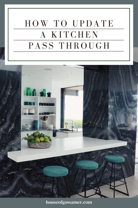 If you're thinking about covering up your kitchen pass through because you hate how it looks, you might want to reconsider that thought. Here are 5+ fabulous ways to update a kitchen pass through that will make your home look incredible. #KitchenRenovation #KitchenIdeas #KitchenPassThrough #KitchenRemodel #KitchenDesign Window Pass Through Ideas, L Shaped Kitchen With Pass Through Window, Kitchen To Living Room Pass Through, Passthrough Window Kitchen, Pass Through Kitchen To Living Room, Kitchen Pass Through To Dining Room, Galley Kitchen Peninsula, Pass Through Window Kitchen To Living, Pass Through Window Kitchen