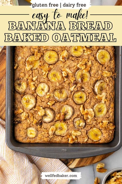 A metal baking dish filled with gluten free dairy free banana baked oatmeal. Gluten Free Dairy Free Baked Oatmeal, Gluten Free Oatmeal Banana Bread, Banana Zucchini Baked Oatmeal, Gluten Free Baked Oatmeal, Breakfast Banana Bread, Banana Bread Baked Oats, Banana Bread Baked Oatmeal, Oatmeal Banana Bread, Dairy Free Recipe