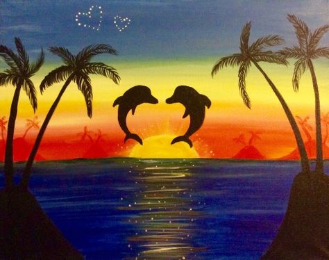 Dolphins in Love-(c) Paint Nite painting by Megan Rhoden Walk Like An Egyptian, Paint Nite, Silhouette Painting, Painting Art Lesson, Book Art Diy, Paint And Sip, Night Painting, Silhouette Art, Paint Party