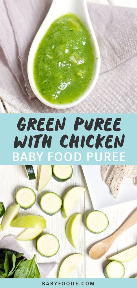 This 4-Ingredient Zucchini + Apple + Spinach + Chicken Baby Food Puree is a delicious chunky puree that can be made in under 30 minutes! It is loaded with healthy green vegetables, lean protein and topped off with some apple sweetness. It's jammed packed with calcium, protein, fiber, vitamin A. Everything you want your baby to love and eat in one easy puree. It couldn't get any easier then this! #babyfood #stage2 #stage3 Puree Food For Adults, Chicken Puree Recipes For Baby, Kale Puree Baby Food, Pea Puree Baby Food, Zucchini Puree Baby Food, Chicken Baby Food Puree, Homemade Baby Puffs, Homemade Baby Food Storage, Chicken Baby Food