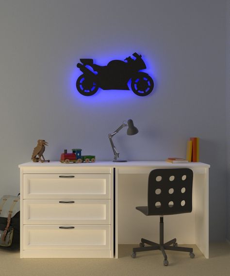 Motorcycle Room Decor, Motorcycle Home Decor, Motorbike Bedroom, Motorcycle Bedroom, Bike Decor, Blue Motorcycle, Bike Room, Stylish Bedroom Design, Boy Bedroom Design