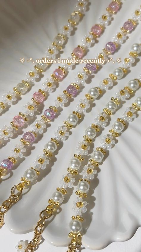 making a necklace version of our Lotus Bracelet 🪷 made of white pearl & gold glass seed beads, iridescent faceted beads, with a 1.5”… | Instagram Diy Chain Necklace Tutorials, Glass Beads Ideas, Beaded Pearl Bracelets, Seed Beads Bracelets, Making A Bracelet, Making A Necklace, Diy Jewelry Set, Lotus Bracelet, Diy Beaded Rings