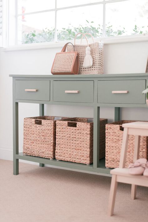 Sage Green Entryway Table, Painted Table Ideas Colors, Sage Console Table, Sage Buffet Cabinet, Sage Green Console Table, Best Sage Green Paint Colors For Furniture, Sage Green End Table, Diy Sage Green Dresser, Sage Green Entry Table