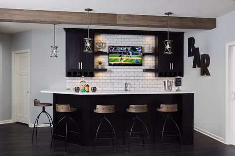 Black Bar In Basement, Basement Bar Ideas Black Cabinets, Basement Bar Shiplap, Basement Bar Black Countertop, Basement Bar With Wood Countertop, Black Cabinet Basement Bar, Brick Bar, Farmhouse Basement, Painting Brick