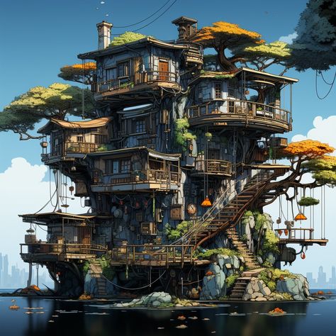 Sci Fi Village Concept Art, Solarpunk House Concept Art, Solarpunk House, Scifi Concept Art, Lego Ninjago City, Steampunk Illustration, Sci Fi Architecture, Post Apocalyptic Art, Interesting Buildings