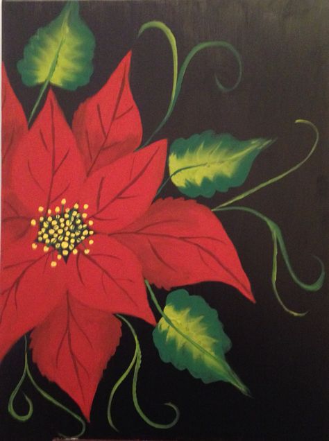 Poinsettia Painting Easy, Pointsetta Painting, Christmas Flower Painting, Poinsettia Painting, Dandelion Painting, Poinsettia Plant, Shed Decor, Panel Painting, Christmas Paintings On Canvas