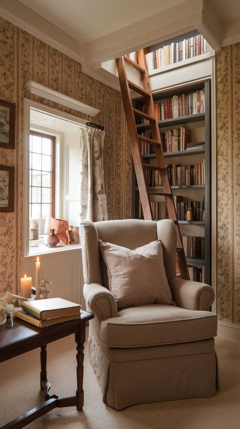 Charming Cottage Core Bedroom Ideas for Cozy Spaces Tiny English Cottage Interior, Cozy Cottage Library, Quaint Cottage Interior, Cottage Library Aesthetic, Cottagecore Reading Nook, Book Nook In Bedroom, English Cottage Library, Cottage Curtains Ideas, Cottage Bookshelves