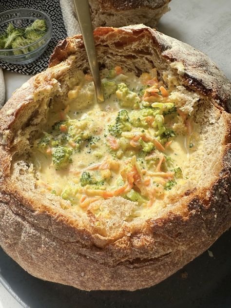 Creamy Broccoli Cheddar Soup Soup Aesthetic, Homemade Bread Bowls, Creamy Broccoli Cheddar Soup, Creamy Broccoli, Homemade Soups, Bread Bowl, Broccoli Cheddar Soup, Salad Sauce, Cheddar Soup