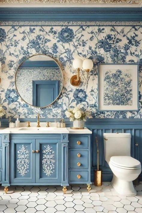 Bathroom With Flower Wallpaper, Blue And White Cottage Bathroom, Blue Toilet Design, Blue Willow Bathroom, Blue Floral Bathroom, Blue Bathroom With Wallpaper, Blue Bathrooms Ideas, Blue Gray Bathroom Ideas, Bathroom Floral Wallpaper