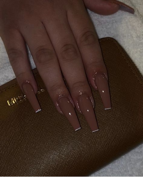 Brown Acrilyc Nails, Brown Arclyc Nails, Cute Latina Nails, Light Brown Nails Acrylic, Long Nude Acrylic Nails, Brown French Manicure, Nude Long Nails, Light Brown Nails, Spring Nail Sets