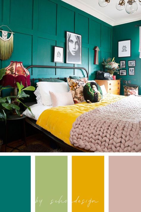 Green And Yellow Bedroom Decor, Bedroom Color Combination Green, Teal Yellow Bedroom, Yellow Color Palette Bedroom, Green And Yellow Bedroom Ideas, Yellow And Green Bedroom, Green Color Palette Bedroom, Green And Yellow Bedroom, Teal And Yellow Bedroom