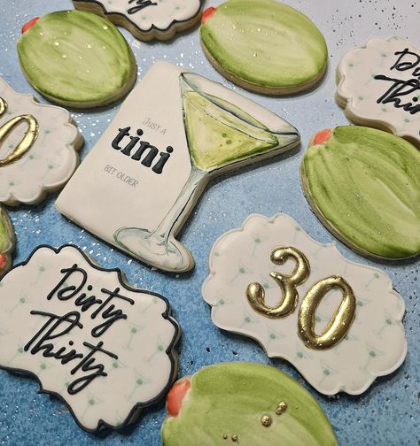 Are you getting just a "tini" bit older this year? Celebrating a milestone birthday? These cookies will be a perfect highlight, party favor or centerpiece for your event. Please include date and any personalization requests in the personalization section each dozen will include (4) Martini "just a tini bit older (4) Handpainted olives and (4) plaques with number or saying Personalized Cookies Birthday, Just A Tiny Bit Older, Olive Themed Party, A Toni Bit Older Party, A Tiny Bit Older Theme, 30th Bday Themes For Women, 30th Dinner Party, Tini Bachelorette, Tiny Bit Older Party