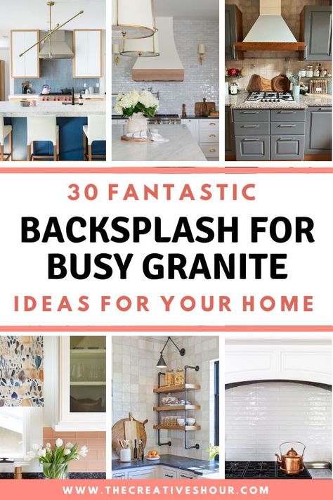 Discover the best backsplash ideas for busy granite countertops in your farmhouse kitchen with white cabinets or dark cabinets. Explore creative tile ideas with us to elevate your kitchen's aesthetic and functionality. #BacksplashIdeas #GraniteCountertops #KitchenDesign #WhiteCabinets #DarkCabinets #TileIdeas #FarmhouseKitchen Busy Countertops, Best Backsplash For Dark Countertops, Tile Backsplash With Granite Countertops, Backsplash For Dark Countertops, Backsplash Ideas With Granite Countertop, Tile Backsplash Kitchen Dark Cabinets, Kitchen Ideas Granite Countertops, Dark Countertops White Cabinets, Granite Countertops With White Cabinets