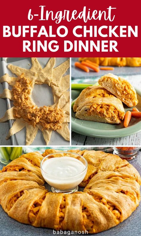 Buffalo chicken ring with shredded chicken breasts and crescent roll dough. Buffalo Chicken Wreath, Buffalo Chicken Wreath Recipe, Buffalo Chicken Dippers, Buffalo Ranch Shredded Chicken, Shredded Chicken Croissant, Buffalo Chicken Dip Roll Ups, Buffalo Chicken Dip Crossiant, Shredded Chicken Appetizers Easy, Buffalo Crescent Ring