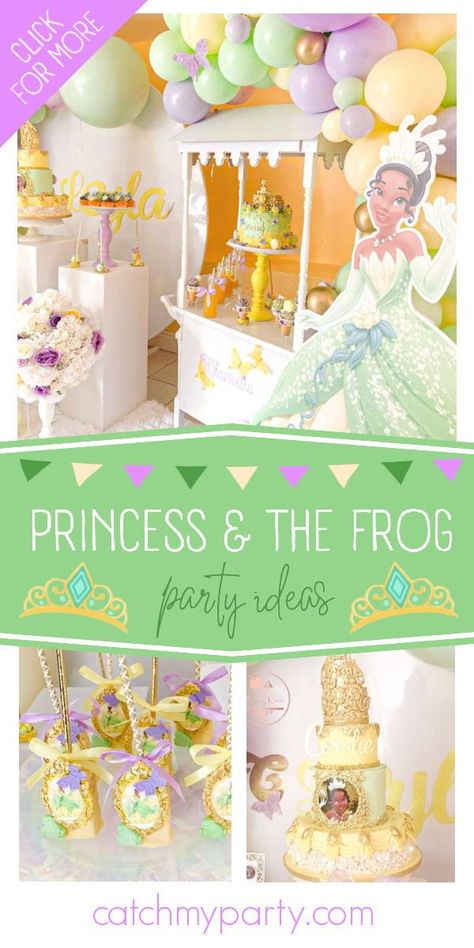 Take a look at this gorgeous Princess and the Frog birthday party! The dessert table is so impressive! See more party ideas and share yours at CatchMyParty.com Princess And The Frog Birthday Theme, Princess And Frog Birthday Party, Tiana Birthday Party Ideas, Princess And The Frog Birthday Party, Princess And The Frog Party, Princess And The Frog Birthday, Frog Party Ideas, Tiana Party, Princess Tiana Party