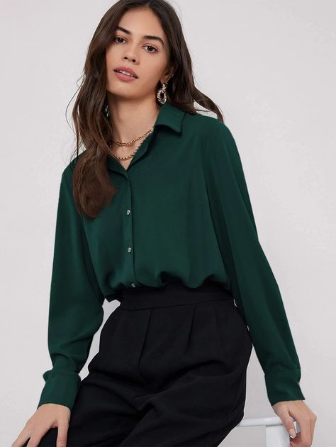 SHEIN Solid Curved Hem Blouse | SHEIN Army Green Top Outfit, Army Green Shirt Outfit, Long Sleeve Blouse Outfit, Green Blouse Outfit, Green Shirt Outfits, Mint Green Outfits, Green Top Outfit, Light Green Blouse, Army Green Blouse