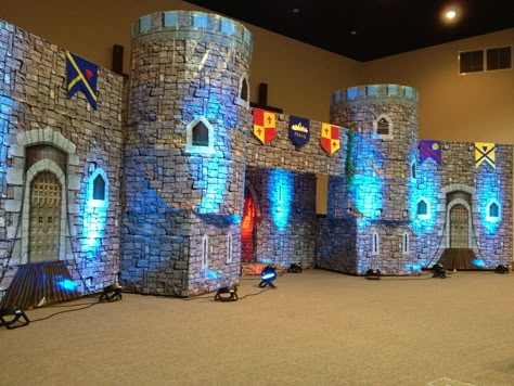 Kingdom Rock VBS. I love the uplighting Castle Vbs Decorations, Dragon Pinata, Mighty Fortress Vbs, Cardboard Castles, Castle Decorations, Castle Vbs, Box Fort, Kingdom Vbs, Vbs Decorations