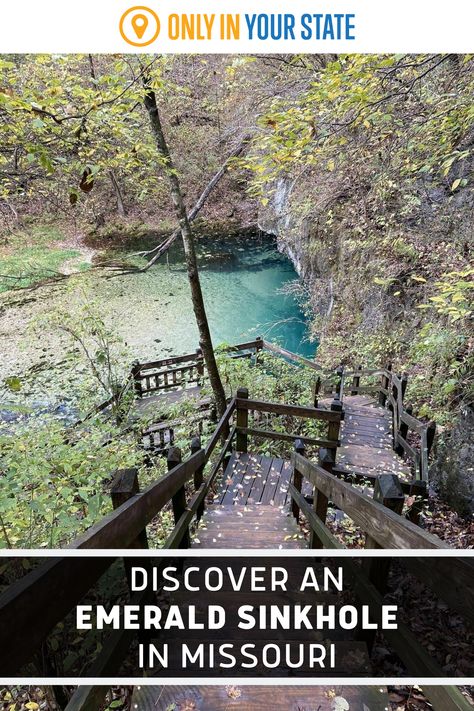 Discover a beautiful emerald tinted sinkhole, abandoned castle ruins, and more on this unique Missouri trail. It is a dog and family-friendly hike. Missouri Hiking, Ha Ha Tonka, Ozarks Missouri, Trail Walking, Abandoned Castles, Natural Playground, Gorgeous Scenery, Castle Ruins, Secret Beach