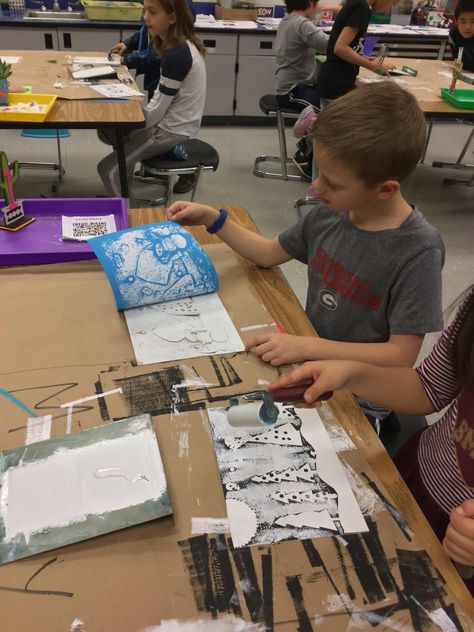 Mrs. Knight's Smartest Artists: 3rd grade Collagraph Printmaking, Printmaking Projects, Arts Month, Class Dojo, Evergreen Forest, Paper Doilies, On October 3rd, Night Art, Foam Crafts