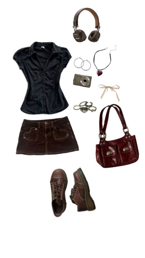 doc martens, leather, handbag, miniskirt, button up shirt, headphones, camera, jewellery, outfit inspo, autumn, fall, gilmore girls, coquette, dark coquette Fall Gilmore, Jewellery Outfit, Coquette Dark, Dark Coquette, Downtown Girl, Girl Fits, Fall Fits, Swaggy Outfits, Doc Martens