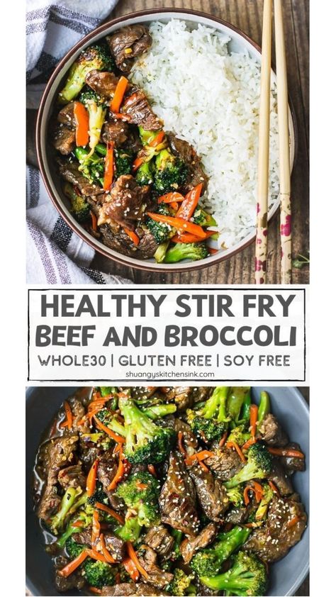 Healthy Beef and Broccoli Stir Fry {whole30} | Better than take-out healthy beef and broccoli stir fry that is whole30 friendly, paleo, gluten-free, and soy-free too. Juicy flank steak paired with fresh broccoli florets and tossed in a thick, and savory stir fry sauce. This healthy Chinese food recipe is my childhood favorite. It is the perfect healthy dinner for the whole family to enjoy. | #beefandbroccoli #stirfry #whole30recipe #whole30dinner Stir Fry Beef And Broccoli, Healthy Chinese Food, Healthy Beef And Broccoli, Healthy Chinese Recipes, Beef Tip Recipes, Healthy Chinese, Healthy Stir Fry, Healthy Beef, Beef And Broccoli