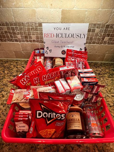 Employee Appreciation Break Room Ideas, Incentives For Employees Motivation, Red Teacher Appreciation Gift, Staff Appreciation Basket, Staff Bar Ideas, Appreciate Week Ideas, Staff Treats Employee Appreciation, Staff Appreciation Goody Bags, Teachers Lounge Treats