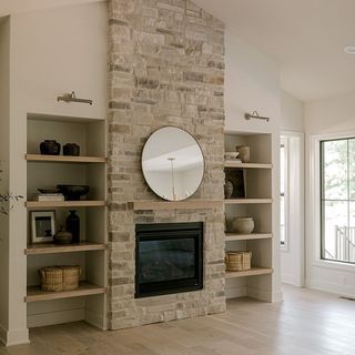 Black Birch Homes (@blackbirchhomes) • Instagram photos and videos Built In Inspiration, Dutch Quality Stone, Black Birch Homes, Downsizing House, Fireplace Set, Fireplace Built Ins, Oak Shelves, Floor Remodel, Living Room Update