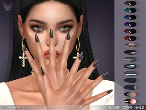 Sims 4 — Raven Coffin Shaped Nails by feyona — Coffin-shaped nails with 15 various swatches in black color for Halloween. Sims 4 Black Nails, Sims 4 Cc Goth Nails, Sims 4 Cc Vampire Nails, Sims 4 Cc Sharp Nails, Sims 4 Cc Coffin Bed, Sims 4 Cc Goth Makeup Patreon, Sims 4 Cc Makeup Eyeliner Goth, Long Black Nails, Cc Nails