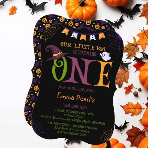 Our Little Boo Turning One Halloween 1St Birthday Invitation #zazzle #weddinginvitations #birthdayinvitations #babyshowerinvitations #zazzleinvitations #monogram #businesscards #graduation #homedecor Halloween 1st Birthday Party, First Birthday Halloween, Invitations Halloween, Halloween First Birthday, Halloween 1st Birthdays, My First Birthday, Birthday 1st, Halloween Birthday Invitations, 1st Birthday Party Invitations