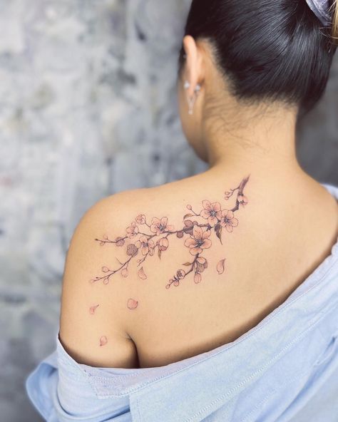 Cherry Blossom Vines Tattoo, Dragonfly And Cherry Blossom Tattoo, Cherry Blossom Tattoo Back, Cherry Blossom Branch Tattoo, Tattoo Sakura, Cherry Blossom Tattoo Shoulder, Glow Tattoo, Cat Tattoo Ideas, Around Arm Tattoo