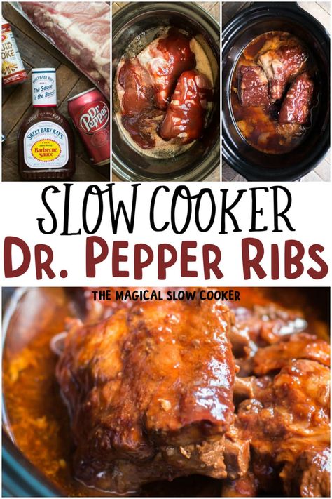 Slow Cooker Dr. Pepper Ribs - The Magical Slow Cooker #ribs #drpepper #drpepperribs #crockpot #slowcooker #pork Slow Cooker Dr Pepper Bbq Ribs, Dr Pepper Short Ribs Crock Pot, Crockpot Ribs With Dr Pepper, Dr Pepper Ribs Crockpot, Dr Pepper Bbq Ribs, Dr Pepper Ribs, Ribs Easy, Crockpot Ribs, The Magical Slow Cooker