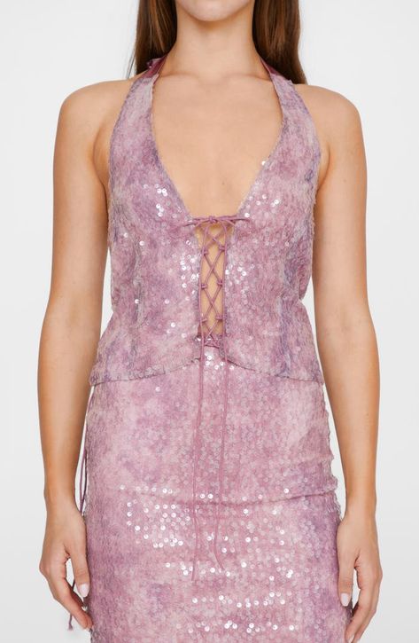 NASTY GAL Sequin Lace-Up Halter Top | Nordstrom Pink Sequin Top, Sequin Halter Top, Sequin Halter, Fashion Merchandising, Pink Fits, Pink Sequin, Neck Lace, Designer Clothes For Men, Modern Outfits