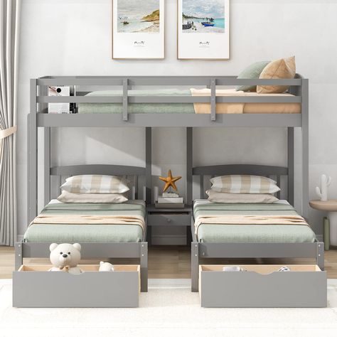 PRICES MAY VARY. 3-in-1 Bunk Beds: This bunk bed features three beds in one, truly a space-saver. With a twin size bed on top and two twin size beds underneath, this bed is ideal for accommodating guests and sleepovers, and also perfect for family with multiple members. Triple Bed with Drawers: The two drawers under the beds and one drawer between beds are available for storage, so there’s spacious space under the down beds, you can use it to store your stuff. Sturdy Bed Frame: Made of solid pin Twin Size Beds, Three Beds, Trundle Bed With Storage, Triple Bunk Beds, Grey Bed Frame, Triple Bunk Bed, Triple Bunk, Bunk Beds With Drawers, Under Bed Drawers