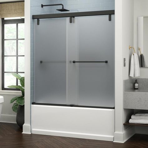 Delta Everly 60 x 59-1/4 in. Frameless Mod Soft-Close Sliding Bathtub Door in Matte Black with 3/8 in. (10mm) Niebla Glass - SD4511015 - The Home Depot Shower Doors Frosted, Frosted Glass Sliding Door, Modern Shower Tile, Unique Shower Doors, Frameless Bathtub Doors, Custom Bathtub, Shower Door Track, Glass Shower Panels, Custom Shower Doors