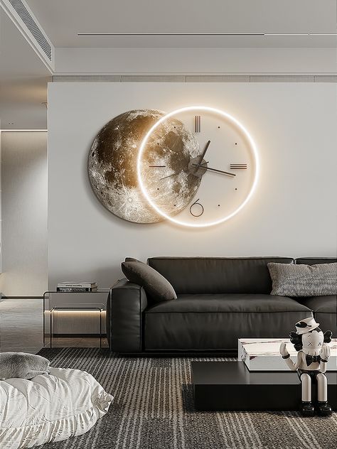 Home Large Dining Room Decoration Luxury Painting Moon LED with Silent Clock Lamp Living Room Wall Clocks For Living Room, Wall Watch Living Room, Moon Interior Design, Wall Clock In Living Room, Wall Watch Design, Clock Interior Design, Clock In Living Room, Unique Wall Clock Design, Living Room Wall Clocks