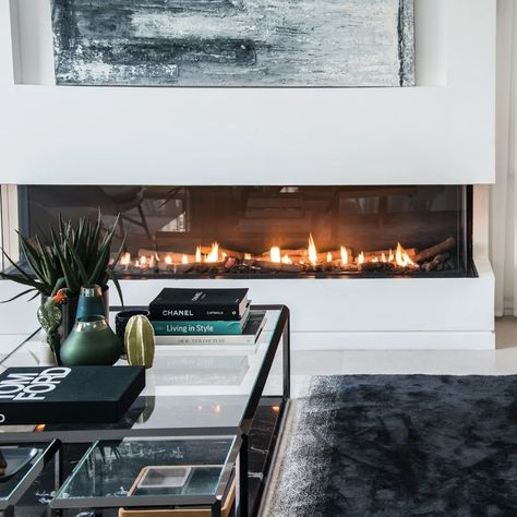 Unique Fireplaces, 3 Sided Fireplace, Contemporary Fireplace Designs, Luxury Fireplace, Fireplace Designs, Glass Fireplace, Contemporary Fireplace, Home Center, Fireplace Ideas