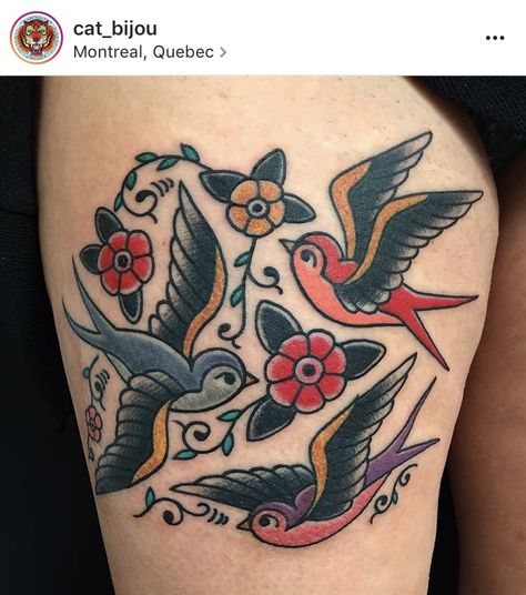 Swallow sparrow birds tattoo with flowers american traditional by cat bijou Swallow Sleeve Tattoo, Traditional Tattoos Birds, 3 Swallows Tattoo, American Traditional Bird Tattoo, Two Swallows Tattoo, Traditional Dove Tattoo, Traditional Sparrow Tattoo, Barn Swallow Tattoo, Traditional Bird Tattoo