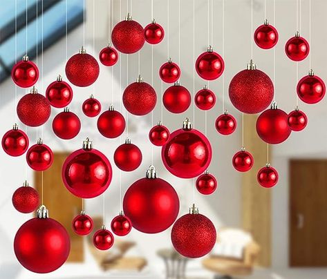 Hanging Christmas Balls From Window, Hanging Balls Decorations, Christmas Decorations For The Office, Hanging Christmas Decorations Ceiling, Hanging Christmas Ornaments From Ceiling, Decorate Home Offices, Ceiling Christmas Decorations, Hanging Christmas Balls, Photo Props Christmas