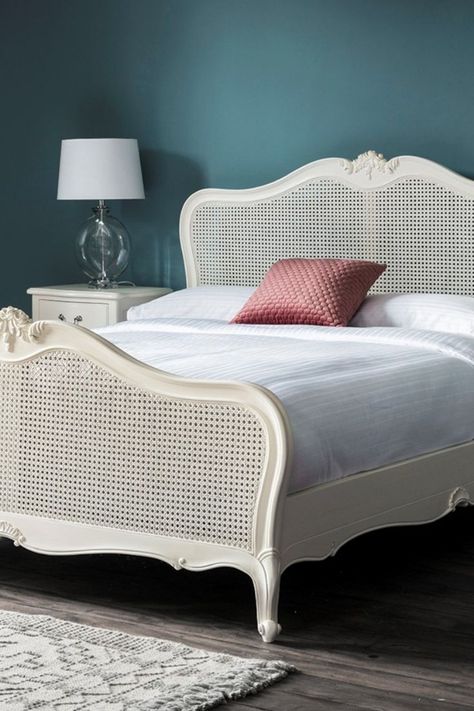 French Cane Furniture, Rattan Bed Frame Bedroom, French Style Bed Frame, French Rattan Bed, Rattan Style Bedroom, Cane Bed Design, Ratan Bedrooms Idea, Cane Furniture Bedroom, French Country Bed Frame