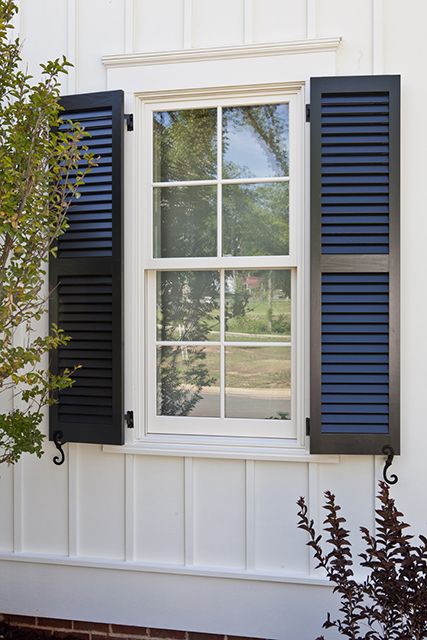 Farmhouse Revival - | Southern Living House Plans Board And Batten Window Trim Exterior, Exterior Window Decor Ideas, Window Trim With Shutters, Farmhouse Revival, Window Trim Paint, Exterior Window Shutters, Exterior Window Trim, Farmhouse Window Trim, Diy Window Trim