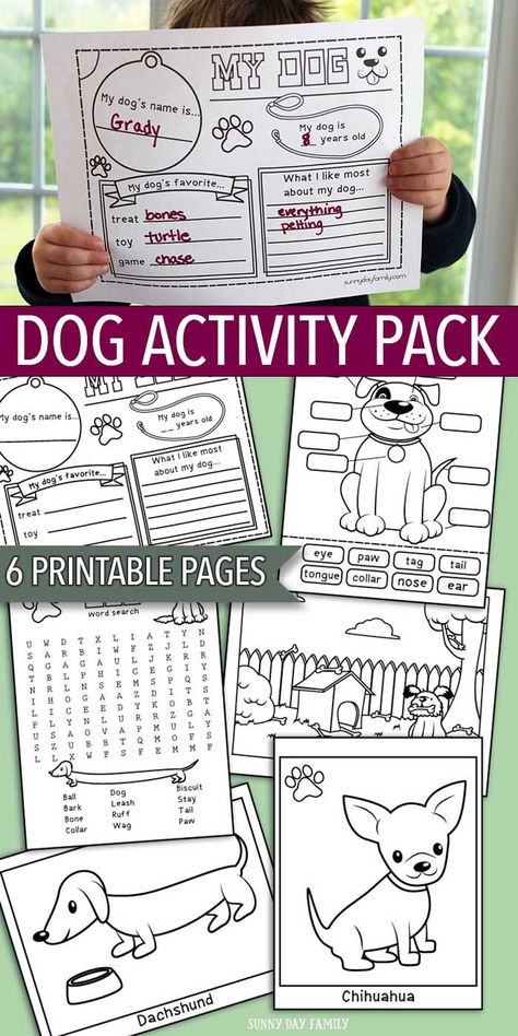 Printable Dog Activity Pack for kids! This 6 page printable set is perfect for a preschool pet theme, pet summer camp, dog themed birthday party, or just for fun. Includes 6 pages of interactive games and dog coloring pages. So much fun for little pet lovers! Free Pet Printables, Puppy Themed Birthday Party Activities, National Pet Day Activities, Dog Themed Birthday Party Games, Dog Days Of Summer Party Theme, Diy Dog Party Decorations, Pet Activities, Dog Activity, Puppy Pawty