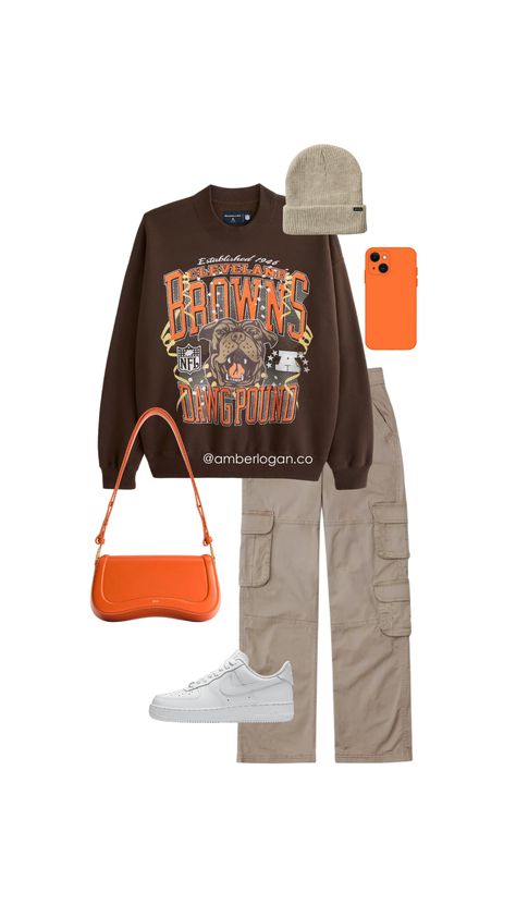 Cleveland browns game day outfit idea, fall outfit idea, fall outfit inspo, NFL Abercrombie vintage crewnecks, cargo pants, air force outfit, neutral outfit with pops of color, casual outfit idea, football game outfit idea Cleveland Cavaliers Outfit Women, Cleveland Browns Game Day Outfit, Browns Game Outfit Cleveland, Cleveland Browns Outfit Woman, Outfits For A Football Game, Crewneck Outfit Women, Cute Football Outfits, Vintage Crewneck Outfit, Fall Tailgate Outfit