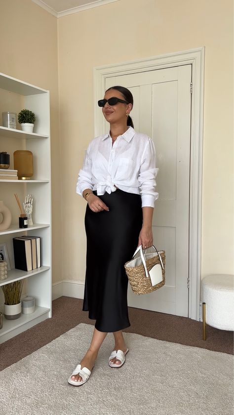 Linen Shirt Over Dress Outfit, Satin Skirt Button Down Shirt, Satin Dress As Skirt, Shirts With Skirts Outfit, Satin Skirt And Shirt Outfit, Long Dress With Shirt Over Outfit, White Shirt And Dress Outfit, Black Shirt Summer Outfit, Black Shirt Dress Outfit Classy