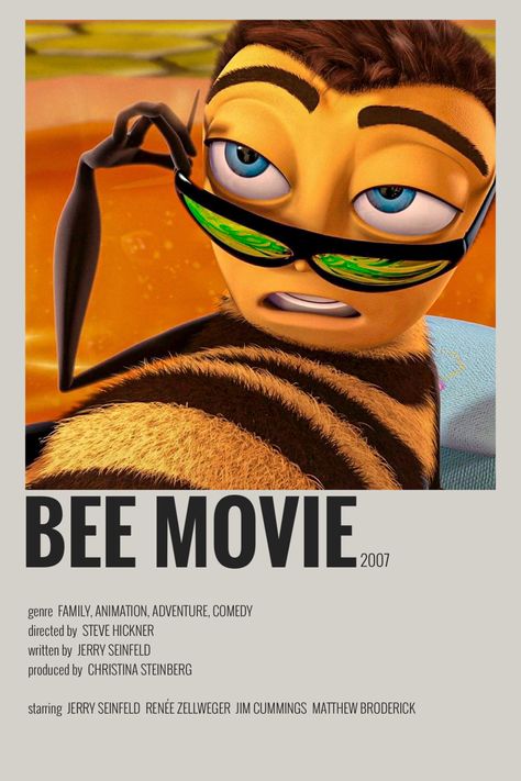 bee movie minimalist/alternative movie poster Barry B Benson, Making Honey, Patrick Warburton, Animated Movie Posters, Look 80s, Disney Movie Posters, Mini Posters, Movie Recommendations, Matthew Broderick